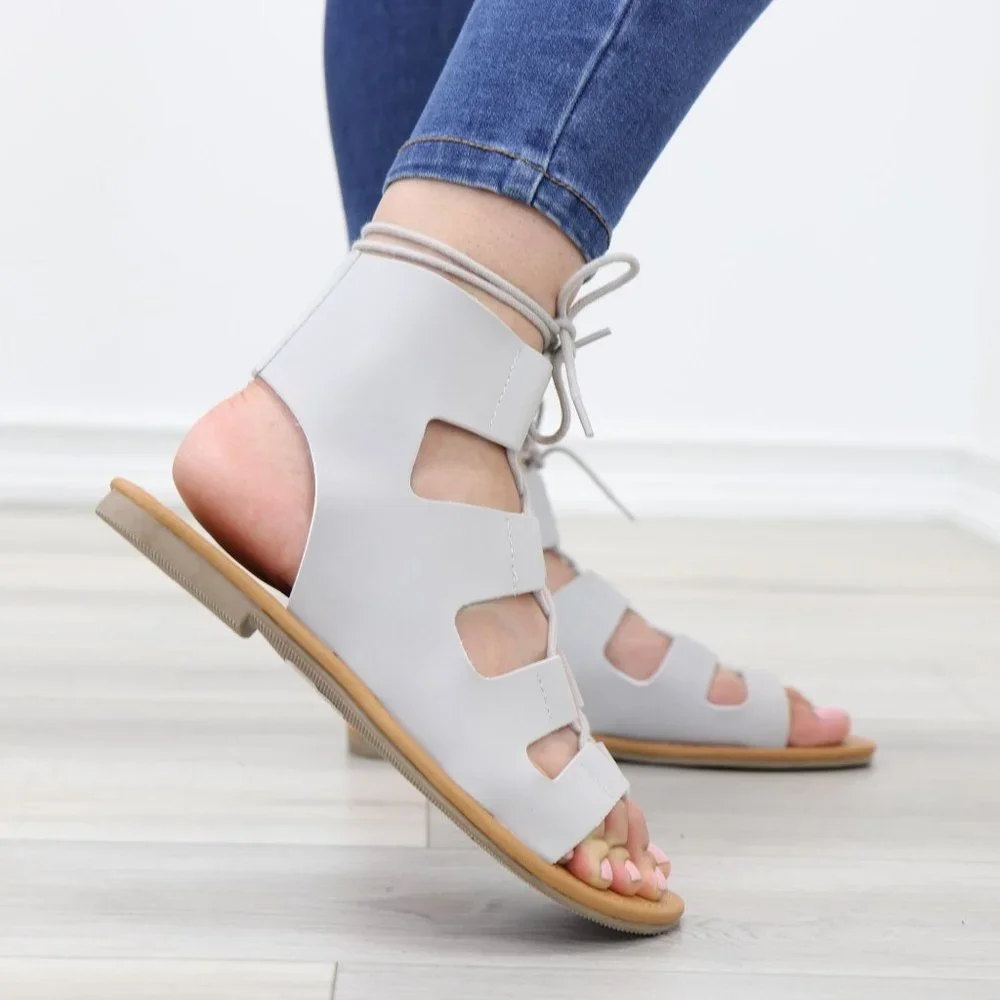 Gray Gladiator Laced-Up Bootie Style Flat Sandals - Picture 8 of 14